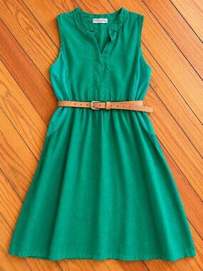 Terzo Millennio Italian 100% Linen Kelly Green Sleeveless Dress w tan belt - S